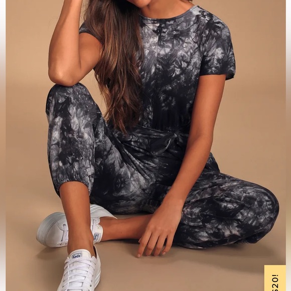 Lulus On a Road Trip Navy Blue Tie-Dye Short Sleeve Jumpsuit - Picture 1 of 10